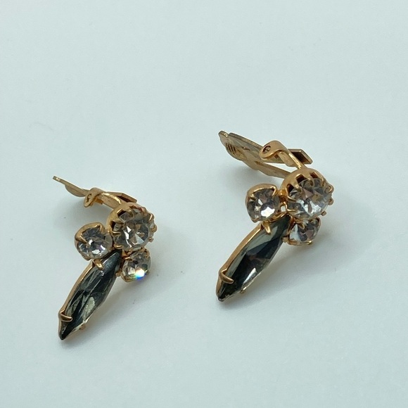 Vtg Rose Gold Tone White Round & Grey Navette Crystal Clip on Earrings .9” - Picture 3 of 7